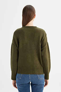Relaxed Fit Geniş Kesim Bisiklet Yaka Haki Triko Kazak - Green-W2520566300 (görsel 6)