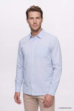 %100 Pamuk Regular Fit Normal Kesim Mavi Gömlek - Blue-W2520583400 (görsel 3)
