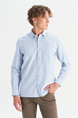 %100 Pamuk Regular Fit Normal Kesim Mavi Gömlek - Blue-W2520583400 (görsel 3)