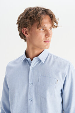 %100 Pamuk Regular Fit Normal Kesim Mavi Gömlek - Blue-W2520583400 (görsel 4)