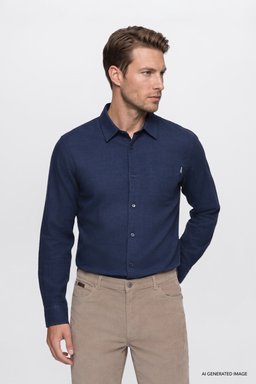 %100 Pamuk Regular Fit Normal Kesim Lacivert Gömlek - Navy-W2520583410 (görsel 3)