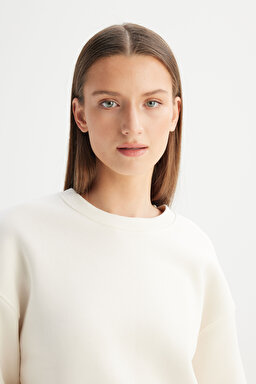 Relaxed Fit Geniş Kesim Bisiklet Yaka İçi Polarlı Ekru Sweatshirt - Ecru-W2520586104 (görsel 4)