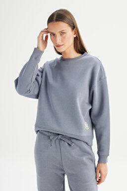 Relaxed Fit Geniş Kesim Bisiklet Yaka İçi Polarlı Mavi Sweatshirt - Blue-W2520586400 (görsel 3)