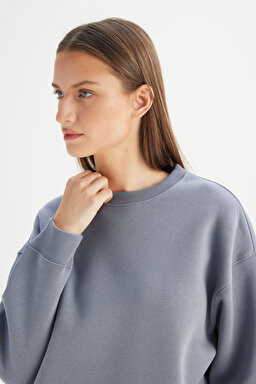 Relaxed Fit Geniş Kesim Bisiklet Yaka İçi Polarlı Mavi Sweatshirt - Blue-W2520586400 (görsel 4)