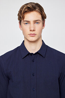 %100 Pamuk Regular Fit Normal Kesim Cepli Gömlek - Navy-W2610001410 (görsel 4)