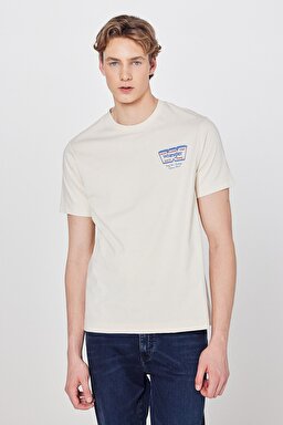 %100 Pamuk Regular Fit Normal Kesim Logo Detaylı Tişört - Beige-W2610018614