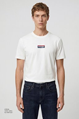 %100 Pamuk Relaxed Fit Rahat Kesim Bisiklet Yaka Logo Detaylı Tişört - Off White-W2610068102 (görsel 2)