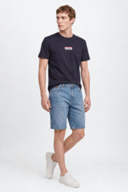 %100 Pamuk Relaxed Fit Rahat Kesim Bisiklet Yaka Logo Detaylı Tişört - Navy-W2610068410 (görsel 2)