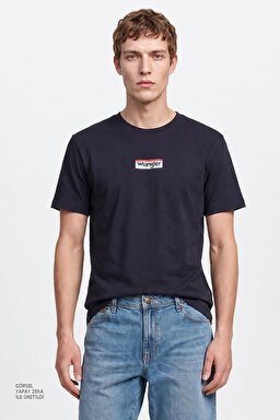 %100 Pamuk Relaxed Fit Rahat Kesim Bisiklet Yaka Logo Detaylı Tişört - Navy-W2610068410 (görsel 2)