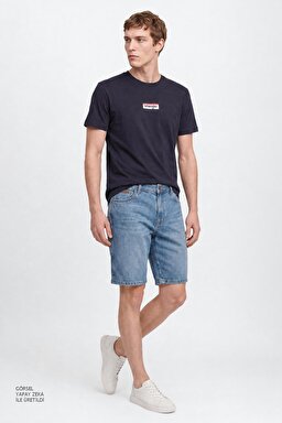 %100 Pamuk Relaxed Fit Rahat Kesim Bisiklet Yaka Logo Detaylı Tişört - Navy-W2610068410 (görsel 3)