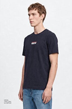 %100 Pamuk Relaxed Fit Rahat Kesim Bisiklet Yaka Logo Detaylı Tişört - Navy-W2610068410 (görsel 4)