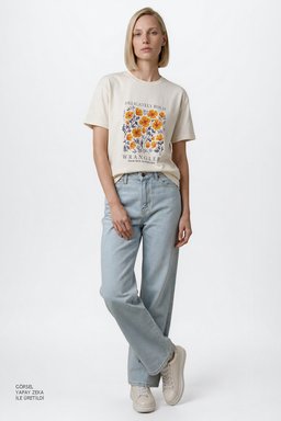 %100 Pamuk Relaxed Fit Rahat Kesim Bisiklet Yaka Logo Detaylı Tişört - Off White-W2610091102 (görsel 3)