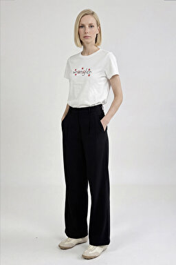 %100 Pamuk Regular Fit Normal Kesim Bisiklet Yaka Logo Detaylı Tişört - Off White-W2610103102 (görsel 4)