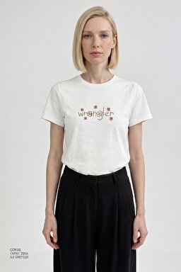 %100 Pamuk Regular Fit Normal Kesim Bisiklet Yaka Logo Detaylı Tişört - Off White-W2610103102