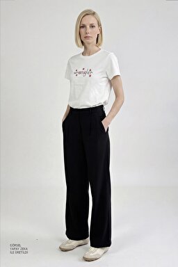 %100 Pamuk Regular Fit Normal Kesim Bisiklet Yaka Logo Detaylı Tişört - Off White-W2610103102 (görsel 3)