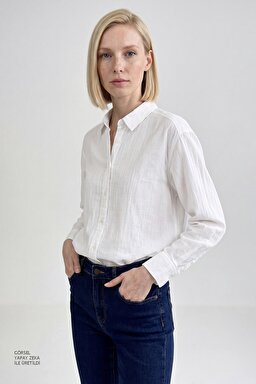 %100 Pamuk Relaxed Fit Rahat Kesim Müslin Gömlek - Off White-W2610109102