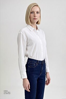 %100 Pamuk Relaxed Fit Rahat Kesim Müslin Gömlek - Off White-W2610109102 (görsel 2)
