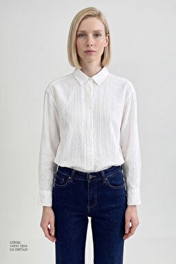 %100 Pamuk Relaxed Fit Rahat Kesim Müslin Gömlek - Off White-W2610109102 (görsel 4)