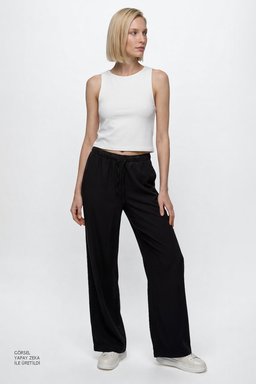 Yumuşak Dokulu Wide Leg Cepli Esnek Pantolon - Black-W2610120001 (görsel 2)