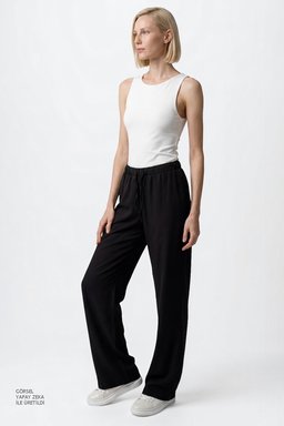 Yumuşak Dokulu Wide Leg Cepli Esnek Pantolon - Black-W2610120001 (görsel 3)