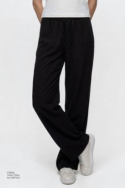 Yumuşak Dokulu Wide Leg Cepli Esnek Pantolon - Black-W2610120001 (görsel 4)