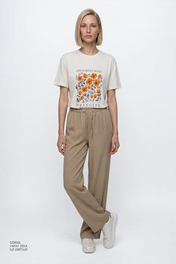 Yumuşak Dokulu Wide Leg Fit Normal Bel Cepli Esnek Pantolon - Beige-W2610120614 (görsel 2)