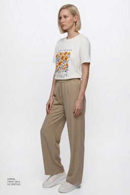 Yumuşak Dokulu Wide Leg Fit Normal Bel Cepli Esnek Pantolon - Beige-W2610120614 (görsel 3)