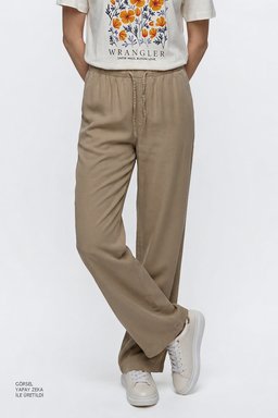 Yumuşak Dokulu Wide Leg Fit Normal Bel Cepli Esnek Pantolon - Beige-W2610120614 (görsel 4)