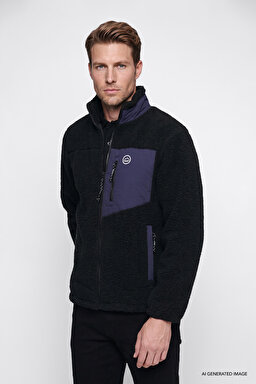 Regular Fit Normal Kesim Dik Yaka Tam Fermuarlı Cepli Sherpa Sweatshirt Polar - Black-W2620003001