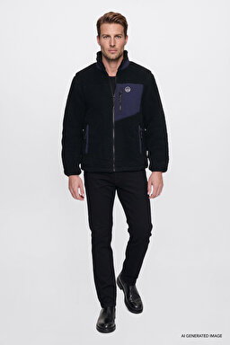 Regular Fit Normal Kesim Dik Yaka Tam Fermuarlı Cepli Sherpa Sweatshirt Polar - Black-W2620003001 (görsel 2)