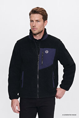 Regular Fit Normal Kesim Dik Yaka Tam Fermuarlı Cepli Sherpa Sweatshirt Polar - Black-W2620003001 (görsel 3)