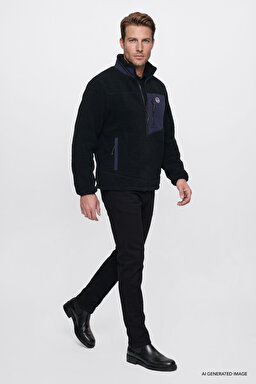 Regular Fit Normal Kesim Dik Yaka Tam Fermuarlı Cepli Sherpa Sweatshirt Polar - Black-W2620003001 (görsel 4)