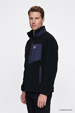 Regular Fit Normal Kesim Dik Yaka Tam Fermuarlı Cepli Sherpa Sweatshirt Polar - Black-W2620003001 (görsel 5)
