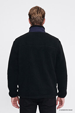 Regular Fit Normal Kesim Dik Yaka Tam Fermuarlı Cepli Sherpa Sweatshirt Polar - Black-W2620003001 (görsel 6)