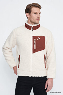 Regular Fit Normal Kesim Dik Yaka Tam Fermuarlı Cepli Sherpa Sweatshirt Polar - Ecru-W2620003104