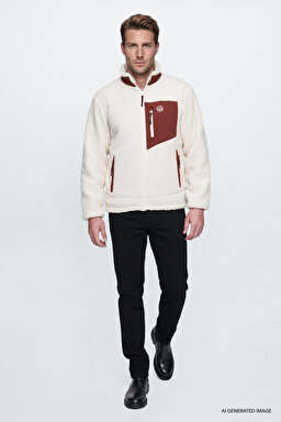 Regular Fit Normal Kesim Dik Yaka Tam Fermuarlı Cepli Sherpa Sweatshirt Polar - Ecru-W2620003104 (görsel 4)