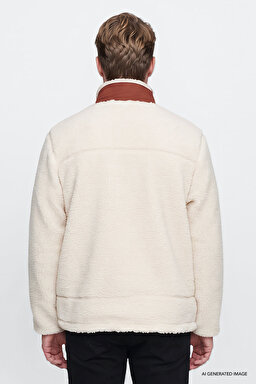 Regular Fit Normal Kesim Dik Yaka Tam Fermuarlı Cepli Sherpa Sweatshirt Polar - Ecru-W2620003104 (görsel 5)