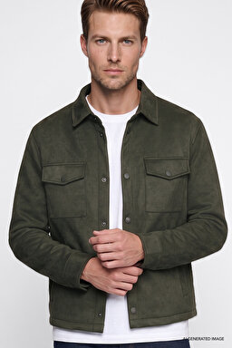 Regular Fit Normal Kesim Gömlek Yaka Cepli Bomber Ceket - KHAKI-W2620022801