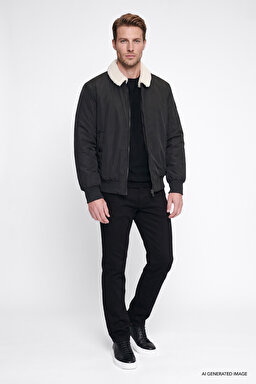 Regular Fit Normal Kesim Gömlek Yaka Cepli Bomber Ceket - Black-W2620029001 (görsel 2)