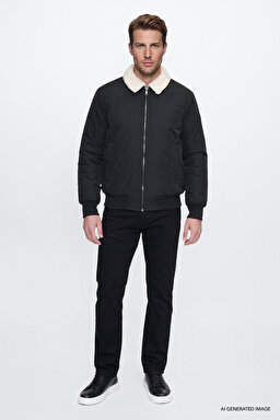 Regular Fit Normal Kesim Gömlek Yaka Cepli Bomber Ceket - Black-W2620029001 (görsel 4)