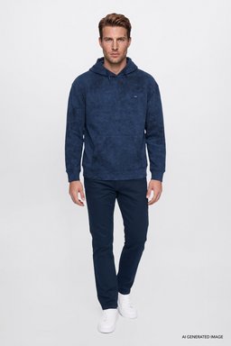 Pamuklu Regular Fit Normal Kesim Kapüşonlu Logo Detaylı Sweatshirt - Navy-W2620038410 (görsel 2)