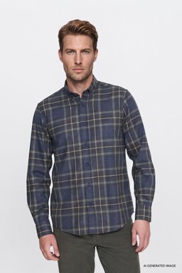 Regular Fit Normal Kesim Gömlek Yaka Ekose Gömlek - Navy-W2620052410