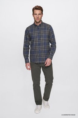 Regular Fit Normal Kesim Gömlek Yaka Ekose Gömlek - Navy-W2620052410 (görsel 2)