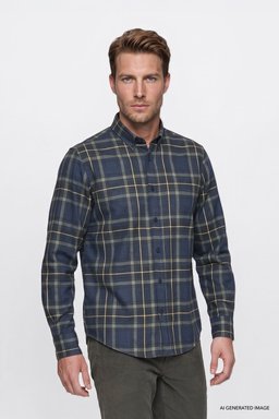 Regular Fit Normal Kesim Gömlek Yaka Ekose Gömlek - Navy-W2620052410 (görsel 3)