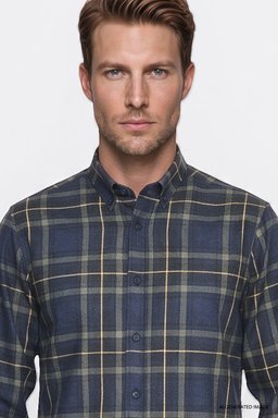 Regular Fit Normal Kesim Gömlek Yaka Ekose Gömlek - Navy-W2620052410 (görsel 5)