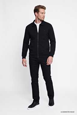 Pamuklu Relaxed Fit Dik Yaka Fermuarlı Selanik Örgü Sweatshirt - Black-W2620068001 (görsel 2)