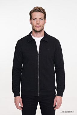 Pamuklu Relaxed Fit Dik Yaka Fermuarlı Selanik Örgü Sweatshirt - Black-W2620068001 (görsel 3)