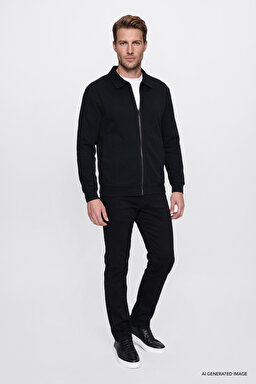 Pamuklu Relaxed Fit Dik Yaka Fermuarlı Selanik Örgü Sweatshirt - Black-W2620068001 (görsel 4)