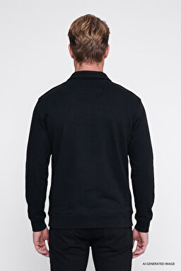 Pamuklu Relaxed Fit Dik Yaka Fermuarlı Selanik Örgü Sweatshirt - Black-W2620068001 (görsel 5)