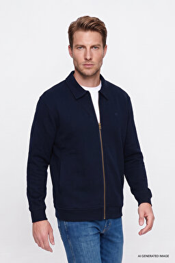 Pamuklu Relaxed Fit Dik Yaka Fermuarlı Selanik Örgü Sweatshirt - Navy-W2620068410